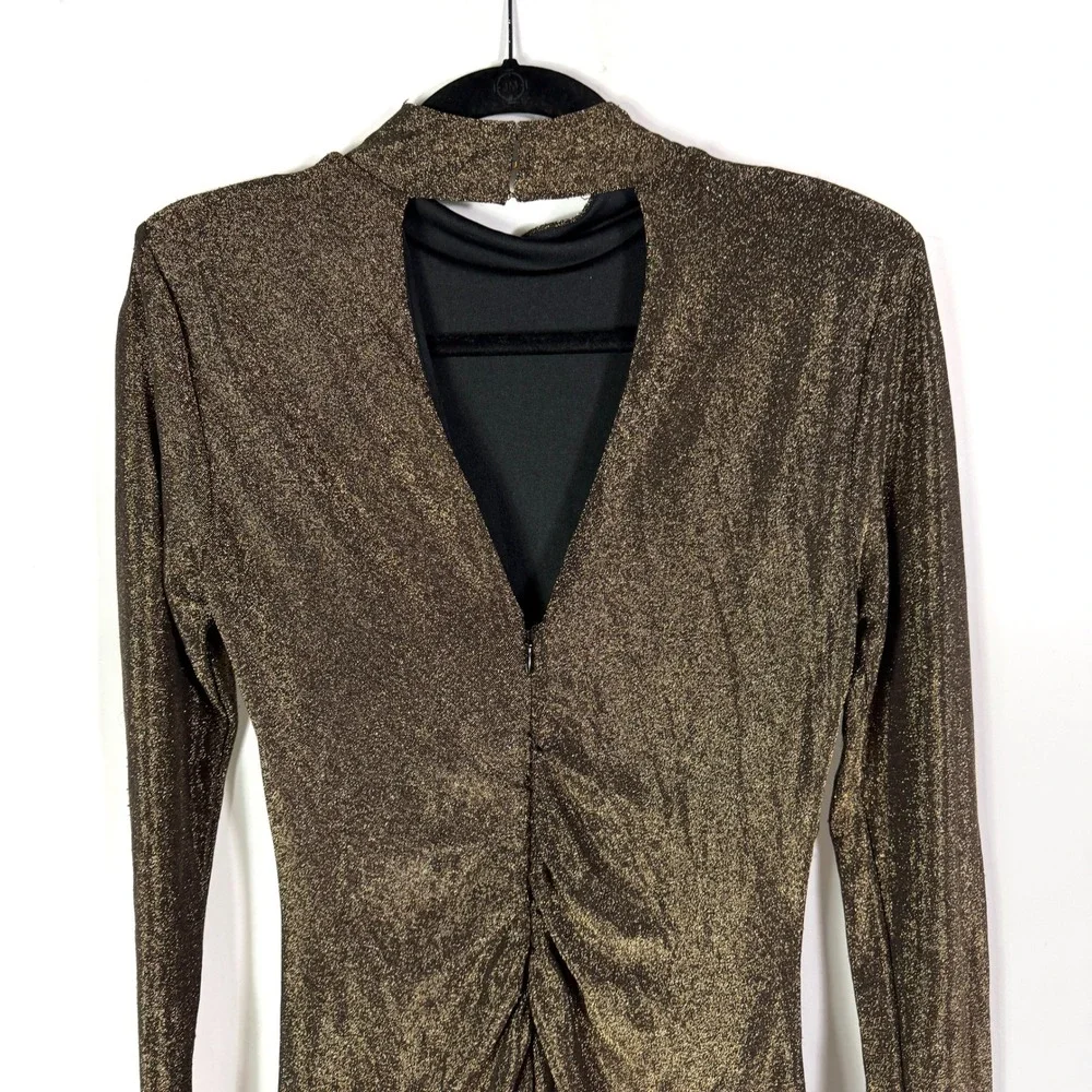 Ramy Brook Amarilys Dress Metallic Gold Shimmer Mock Neck Ruched Midi Sz L - Picture 14 of 15